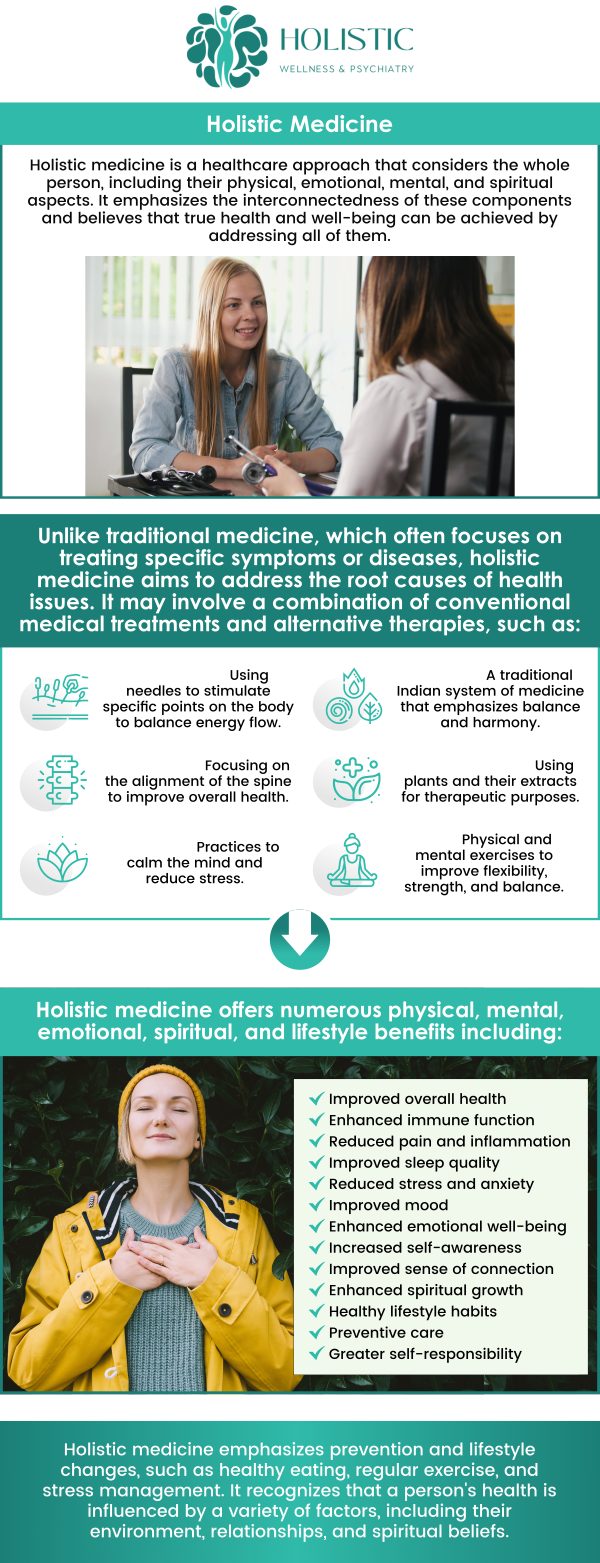 Holistic medicine is an approach to healthcare that focuses on treating the whole person mind, body, and spirit, rather than just addressing symptoms of illness. It emphasizes the importance of lifestyle changes, nutrition, and emotional well-being alongside conventional treatments. At Holistic Wellness and Psychiatry, Dr. Laurie McCormick, MD, DFAPA offer holistic medicine that promotes long-term health and healing by addressing underlying causes of health issues. For more information, contact us or schedule an appointment online. We are located at 9150 Estate Thomas, Suite 206 St. Thomas 00802. Holistic medicine is an approach to healthcare that focuses on treating the whole person mind, body, and spirit, rather than just addressing symptoms of illness. It emphasizes the importance of lifestyle changes, nutrition, and emotional well-being alongside conventional treatments. At Holistic Wellness and Psychiatry, Dr. Laurie McCormick, MD, DFAPA offer holistic medicine that promotes long-term health and healing by addressing underlying causes of health issues. For more information, contact us or schedule an appointment online. We are located at 9150 Estate Thomas, Suite 206 St. Thomas 00802.