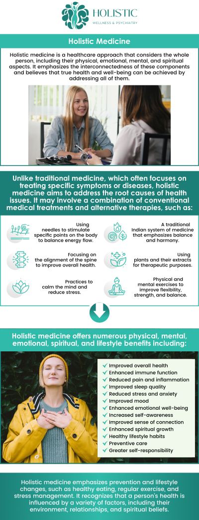 Holistic medicine is an approach to healthcare that focuses on treating the whole person mind, body, and spirit, rather than just addressing symptoms of illness. It emphasizes the importance of lifestyle changes, nutrition, and emotional well-being alongside conventional treatments. At Holistic Wellness and Psychiatry, Dr. Laurie McCormick, MD, DFAPA offer holistic medicine that promotes long-term health and healing by addressing underlying causes of health issues. For more information, contact us or schedule an appointment online. We are located at 9150 Estate Thomas, Suite 206 St. Thomas 00802. Holistic medicine is an approach to healthcare that focuses on treating the whole person mind, body, and spirit, rather than just addressing symptoms of illness. It emphasizes the importance of lifestyle changes, nutrition, and emotional well-being alongside conventional treatments. At Holistic Wellness and Psychiatry, Dr. Laurie McCormick, MD, DFAPA offer holistic medicine that promotes long-term health and healing by addressing underlying causes of health issues. For more information, contact us or schedule an appointment online. We are located at 9150 Estate Thomas, Suite 206 St. Thomas 00802.