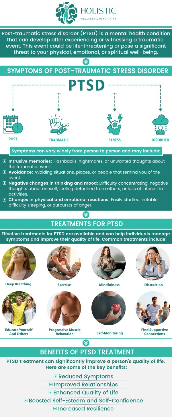 Post-Traumatic Stress Disorder (PTSD) is a mental health condition triggered by experiencing or witnessing a traumatic event. It can cause symptoms like flashbacks, nightmares, and severe anxiety, impacting daily life. Dr. Laurie McCormick, MD, DFAPA, offers effective treatment options, including cognitive-behavioral therapy (CBT) or EMDR, and medication to help manage symptoms and promote healing. For more information, contact us or schedule an appointment online. We are located at 42 7th Ave SW, Suite 100 & 102 Cedar Rapids, IA 52404. Post-Traumatic Stress Disorder (PTSD) is a mental health condition triggered by experiencing or witnessing a traumatic event. It can cause symptoms like flashbacks, nightmares, and severe anxiety, impacting daily life. Dr. Laurie McCormick, MD, DFAPA, offers effective treatment options, including cognitive-behavioral therapy (CBT) or EMDR, and medication to help manage symptoms and promote healing. For more information, contact us or schedule an appointment online. We are located at 42 7th Ave SW, Suite 100 & 102 Cedar Rapids, IA 52404.