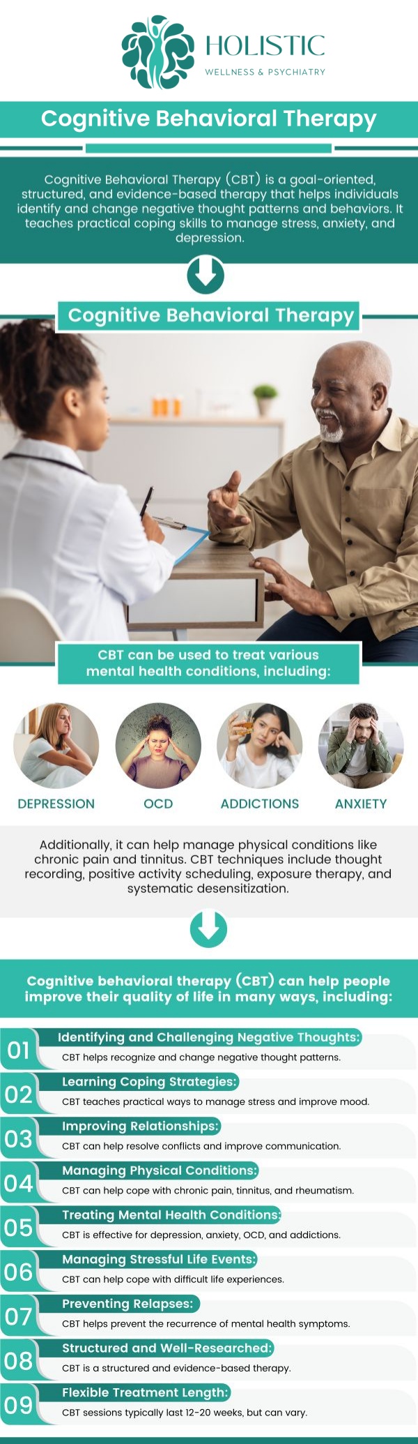 Cognitive Behavioral Therapy (CBT) is a goal-oriented psychotherapy that helps individuals identify and change negative thought patterns and behaviors contributing to emotional distress. It is effective for treating conditions like anxiety, depression, and PTSD, often rooted in distorted thinking. Dr. Laurie McCormick, MD, DFAPA, can guide individuals through CBT, offering tools to improve coping skills and promote lasting emotional well-being. For more information, contact us or schedule an appointment online. We are located at 42 7th Ave SW, Suite 100 & 102 Cedar Rapids, IA 52404.