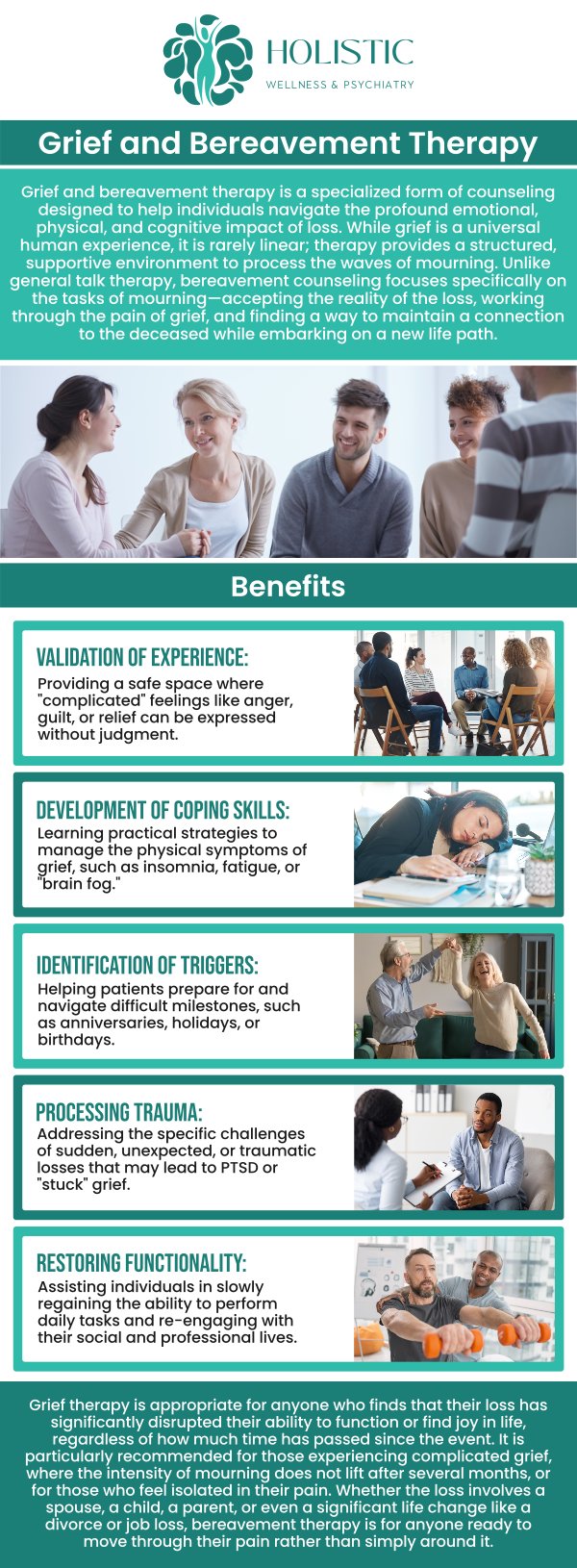 Grief and bereavement therapy is a specialized form of psychotherapy designed to help individuals cope with significant loss, most commonly the death of a loved one. The causes of grief can stem from not only the loss itself but also from unresolved emotions, guilt, and the challenge of adjusting to life without the deceased. Dr. Laurie McCormick, MD, DFAPA, helps individuals process their grief, work through complex emotions, and find healing, guiding them toward acceptance and emotional resilience. For more information, contact us or request an appointment online. We have convenient locations in Cedar Rapids, IA and St. Thomas, USVI.